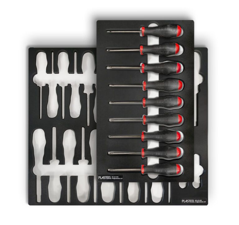 FOD shadowboard tool trays with tools