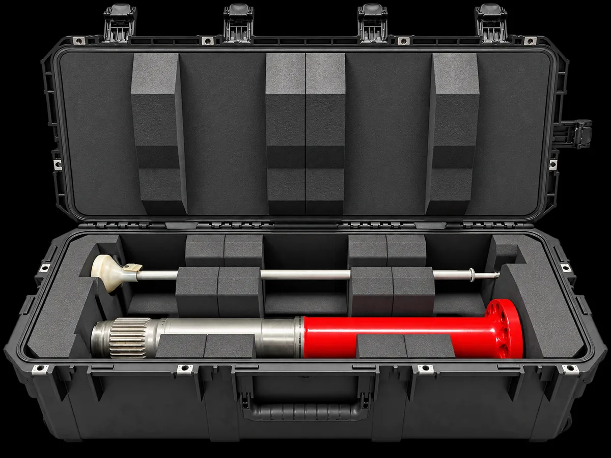 Long rugged case with foam cradles for tooling