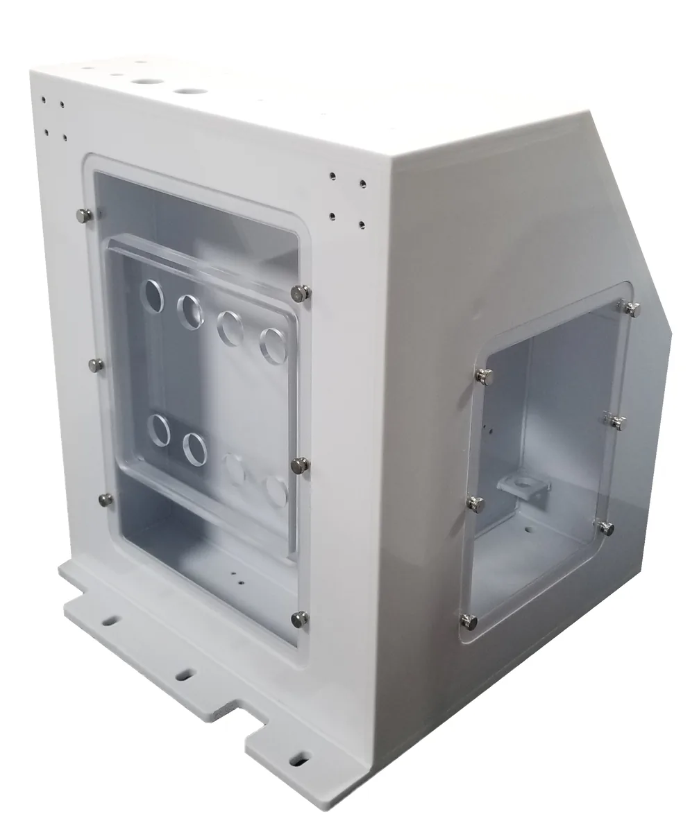 Machined plastic equipment enclosure with clear window