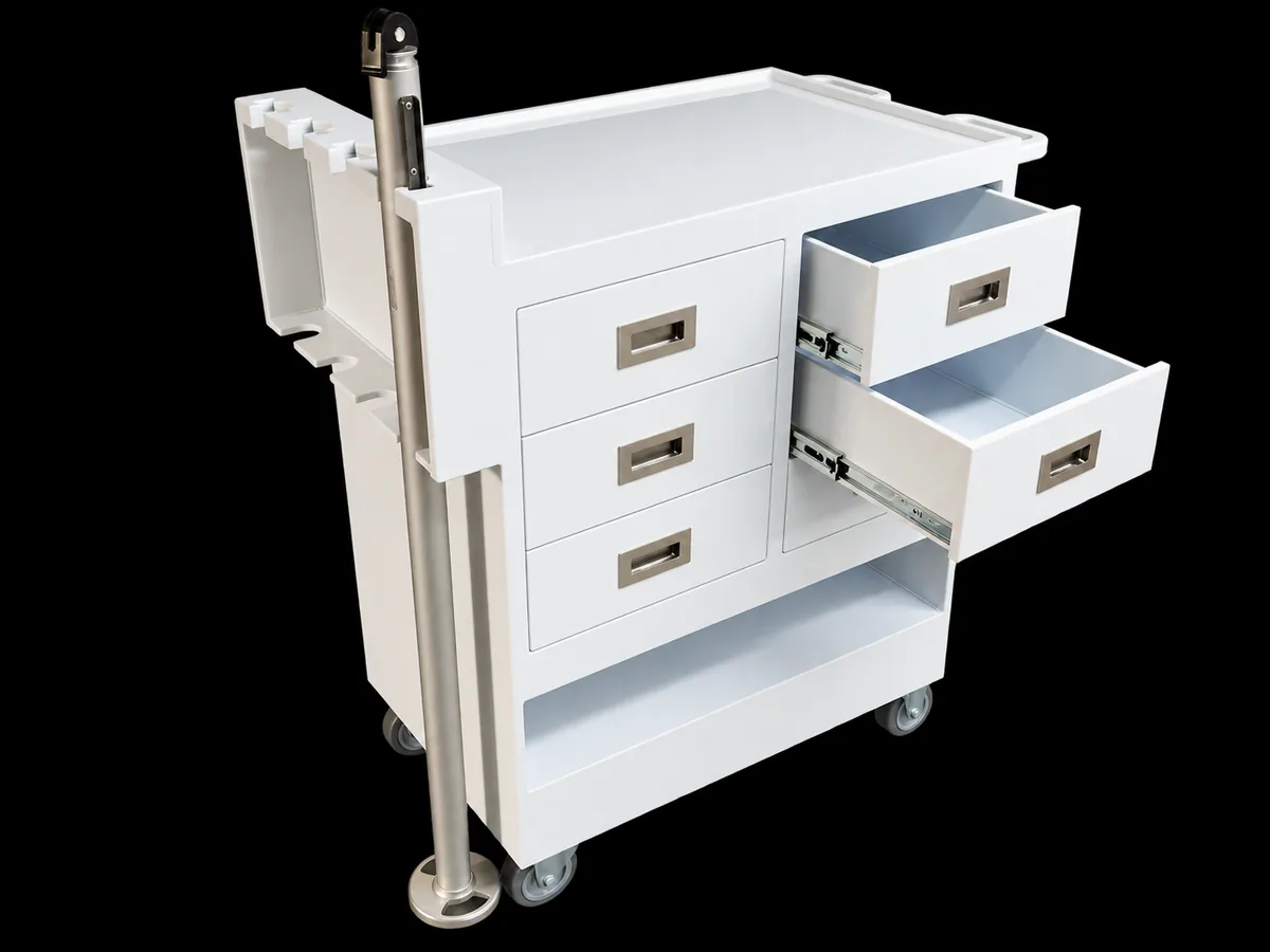 White plastic utility cart with drawers