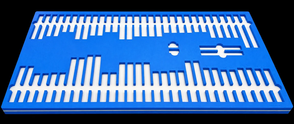 Blue rigid shadowboard tray with tool cutouts