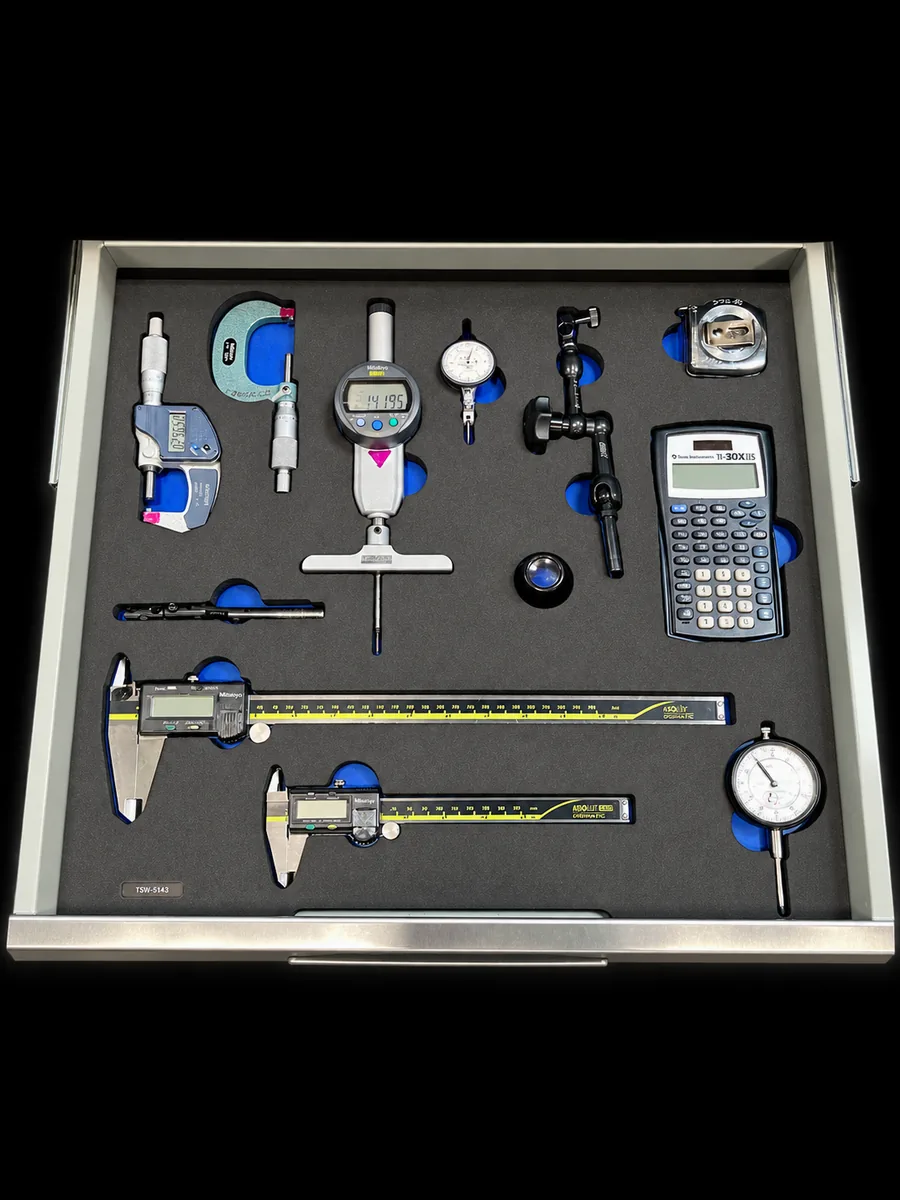 Drawer tray holding precision measuring tools